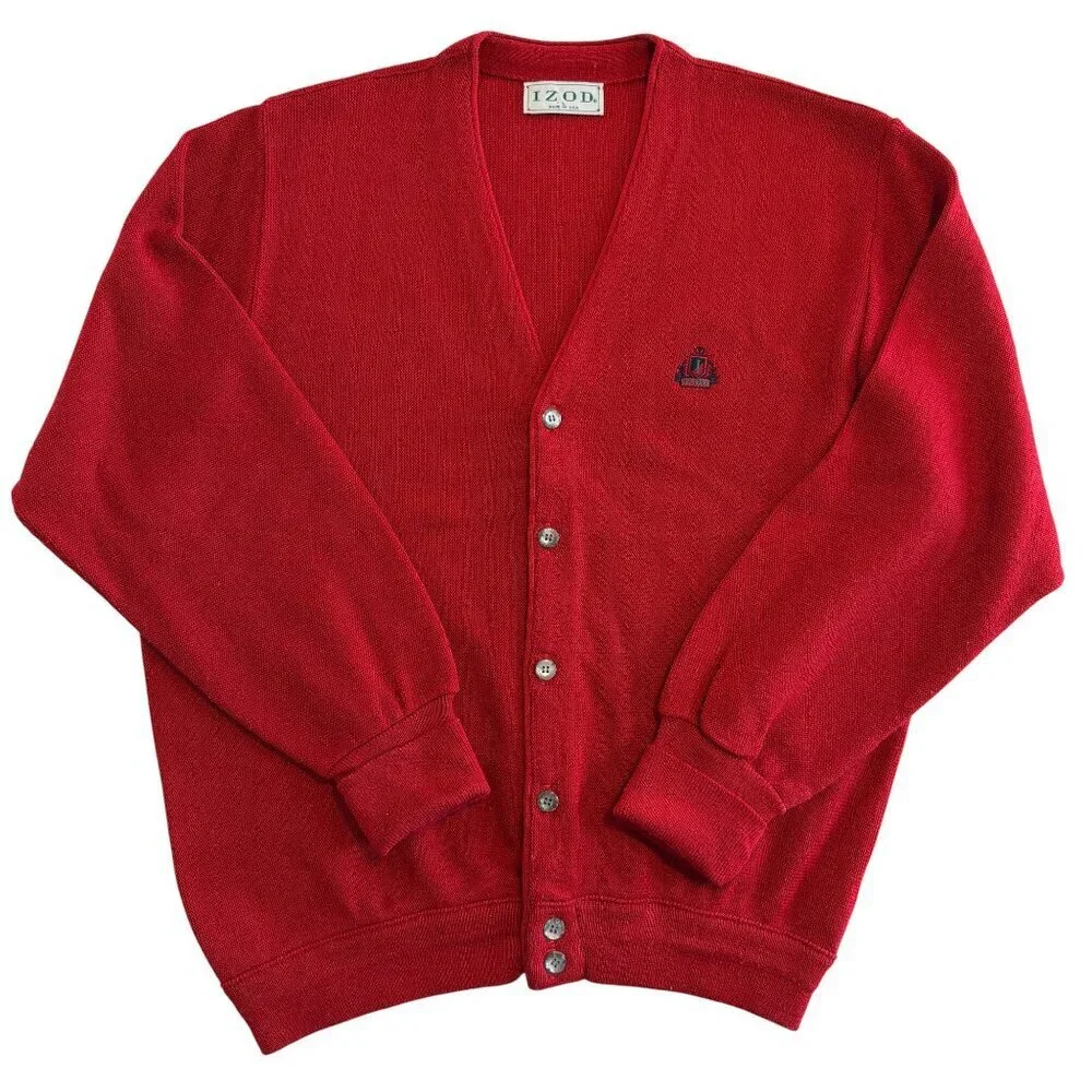 VINTAGE 90s IZOD Crest Indie Grandpa Red Cardigan Sweater Large